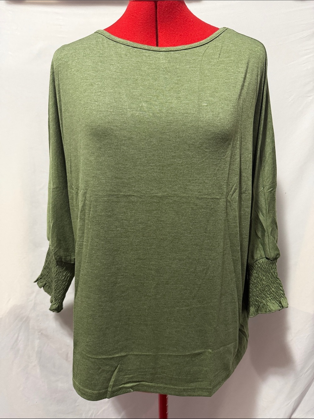 Relaxed Olive Green Boatneck Tunic with Smocked Cuffs